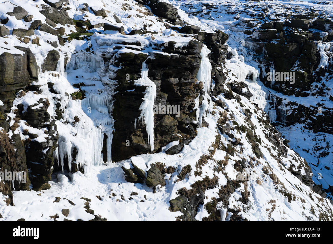 Eine Reihe von langen Eiszapfen hängen von den felsigen Klippen der Kinder Untergang im Peak District Stockfoto