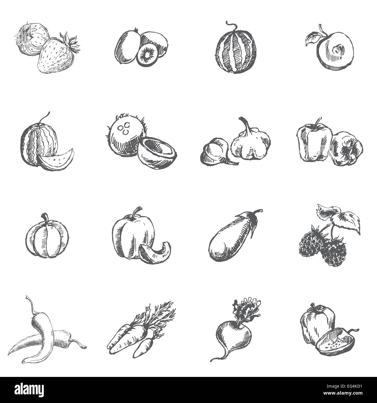 Gemüse, Beeren und Früchte. Federzeichnung in Vektoren umgewandelt. Stockfoto