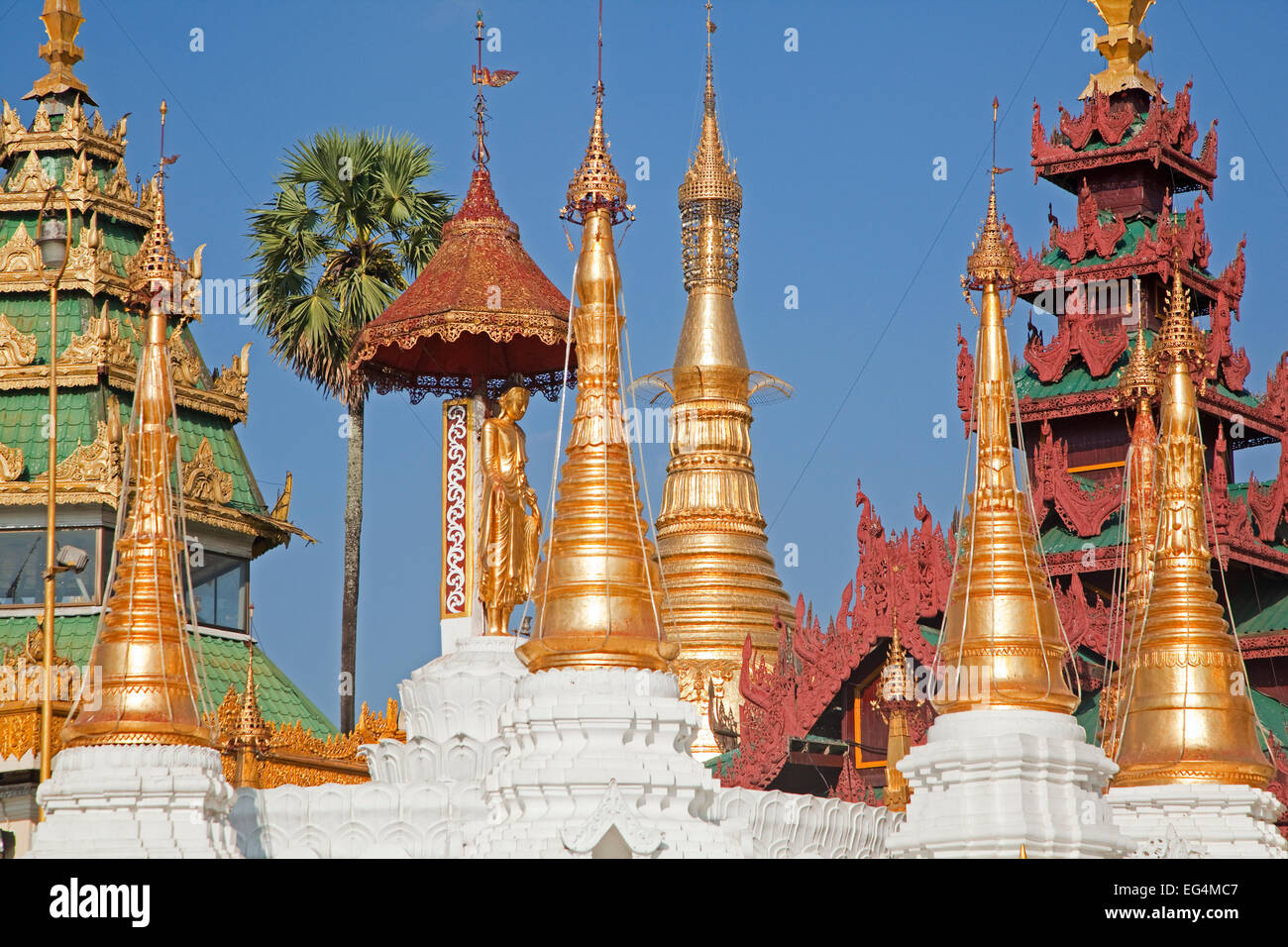 Goldene Stupas in der Shwedagon Zedi Daw-Pagode in Yangon / Rangun, Myanmar / Burma Stockfoto