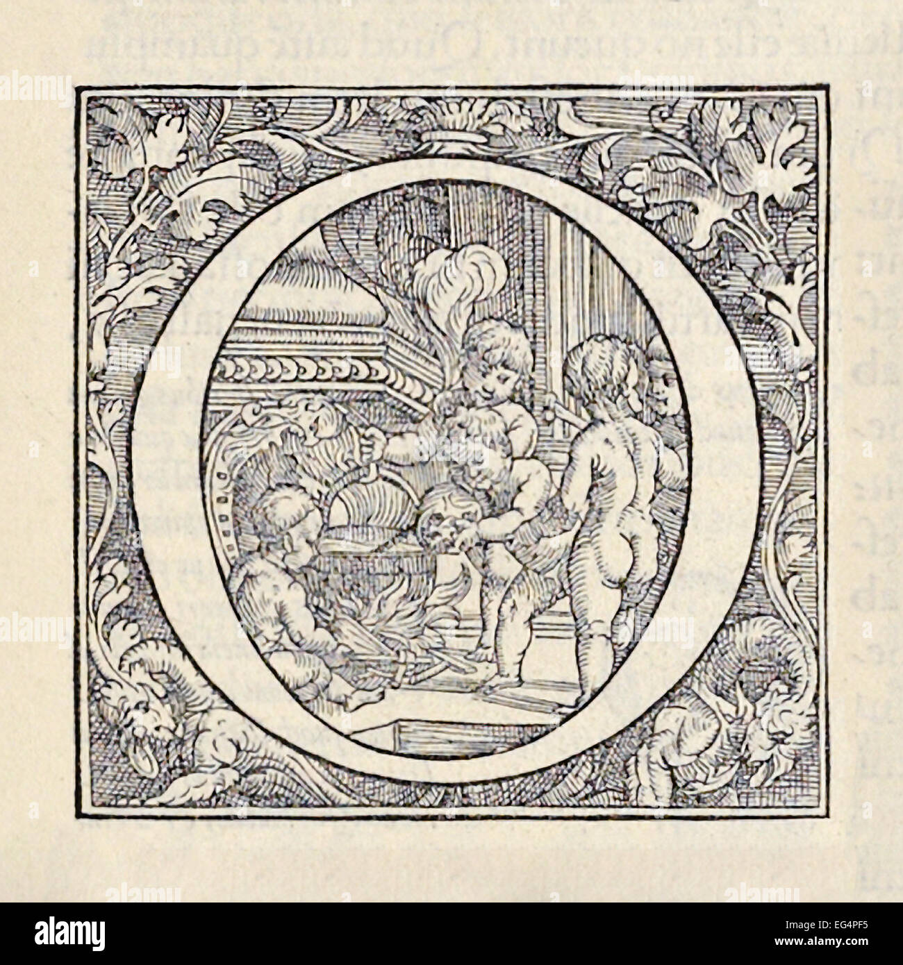 Beleuchtete ' o ' aus "De Humani Corporis Fabrica Libri Septem" von Andreas Vesalius (1514-1564) veröffentlicht im Jahre 1543. Gezeigt, Putten kochen einen Schädel, weiches Gewebe zu entfernen. Siehe Beschreibung für mehr Informationen. Stockfoto