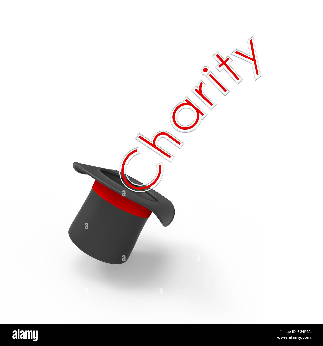 Dreidimensionale Illusionist Zylinderhut auf weißem Hintergrund mit Pop-up-Beschriftung "Charity". Konzept der Kampagne, Institution, org Stockfoto