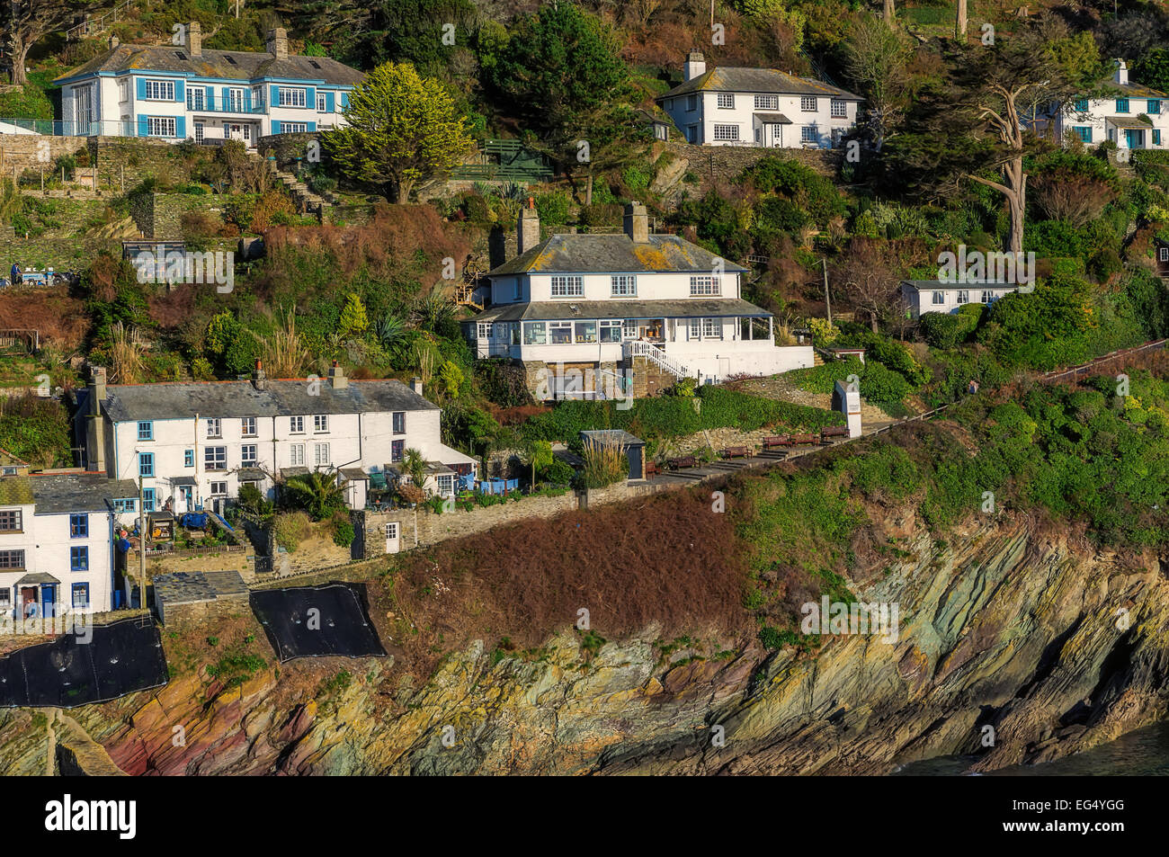 Polperro, Cornwall - England, England, Ferienhaus, Chalet, Behausung, Baum, Busch, Hügel, Himmel, Meer, Wasser, Haus Stockfoto