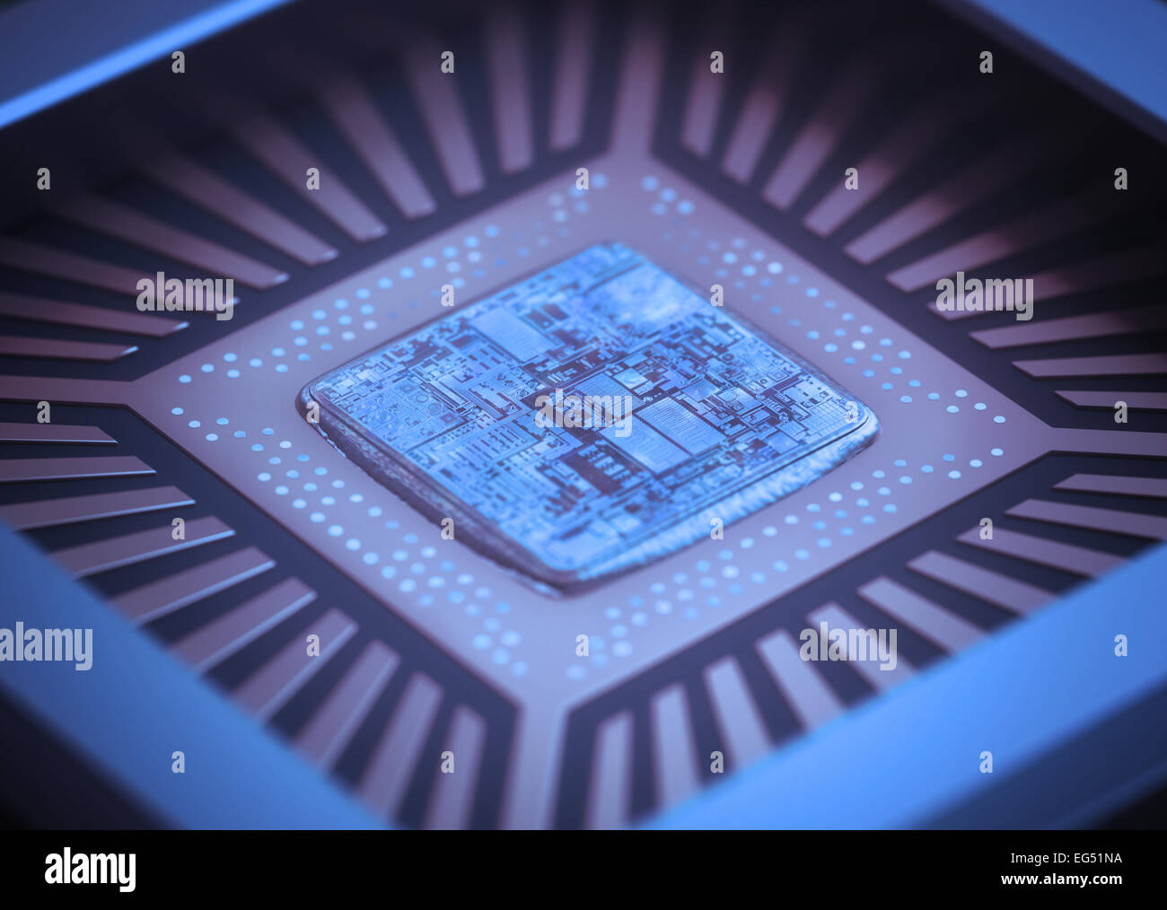 Mikrochip an Bord. Schärfentiefe in den Kern. Stockfoto