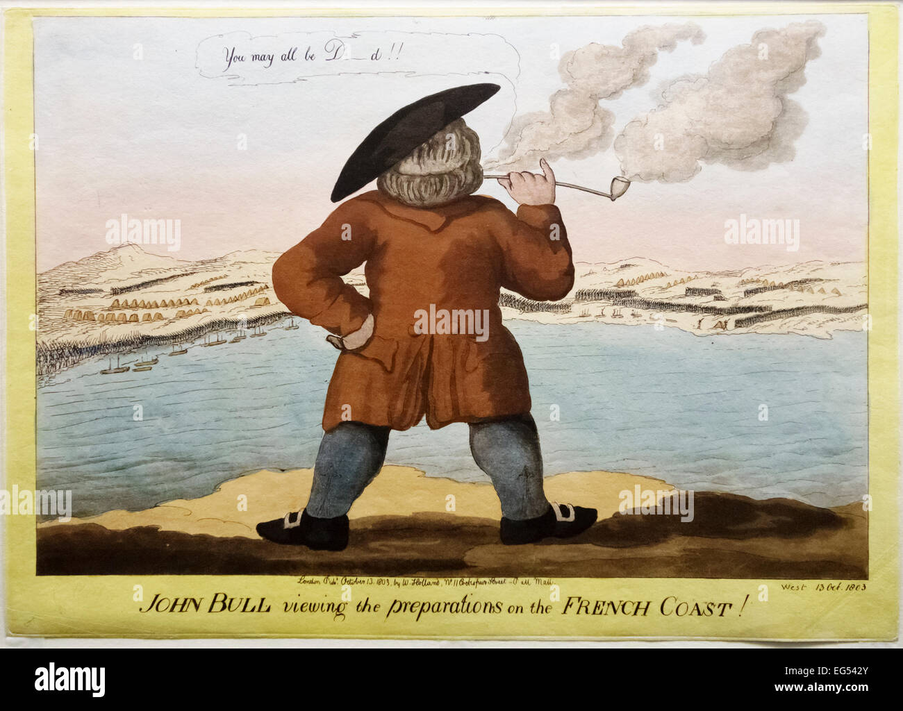 "John Bull bei den Vorbereitungen an der französischen Küste" (13th. Oktober 1803). Eine Karikatur aus dem frühen Jahr 19c, in der Großbritannien Napoleons Invasionsdrohung trotzt Stockfoto