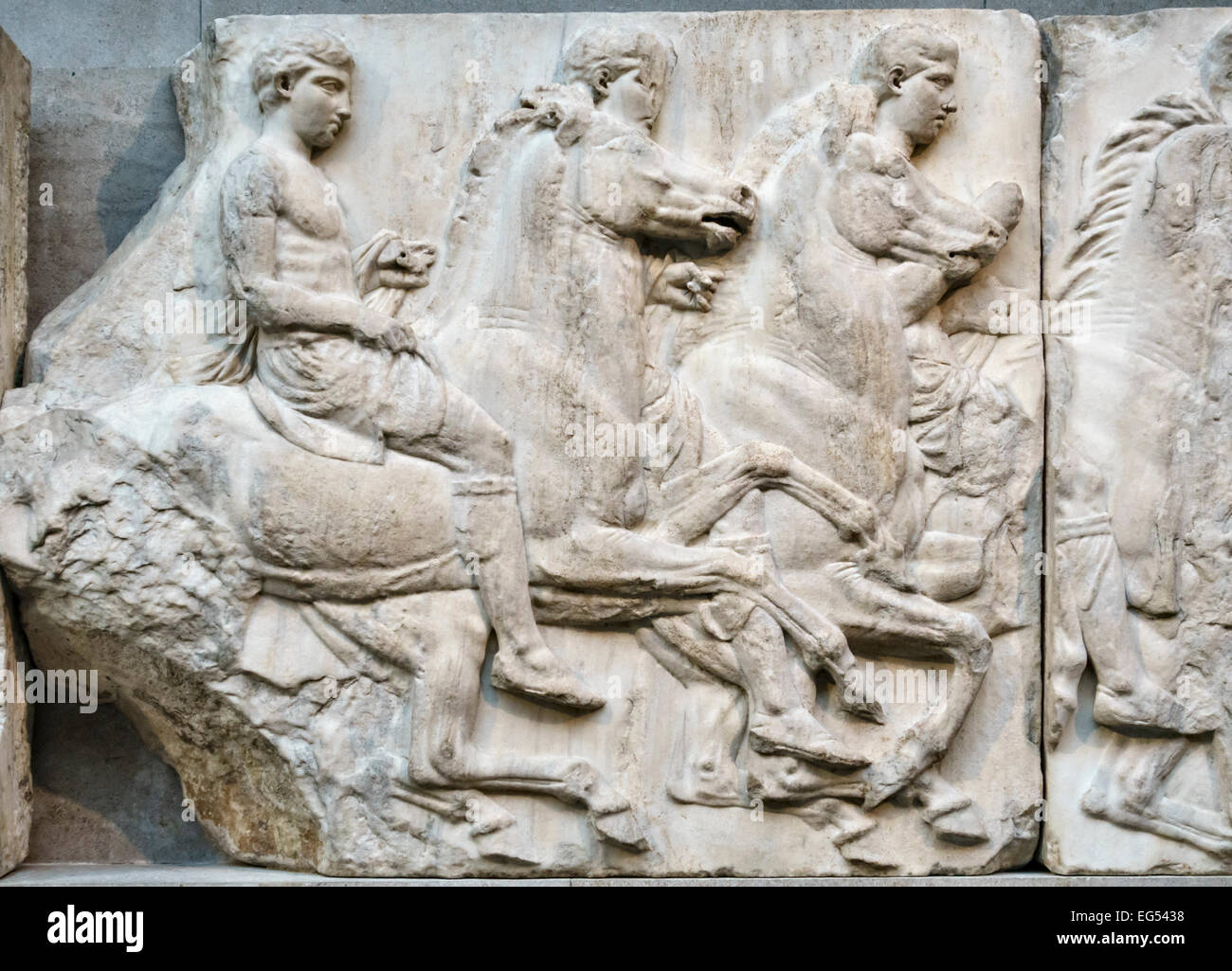 Das British Museum, London, UK. Eine Gruppe von Reitern aus dem Süden Fries des Parthenon (Athen), Teil der Parthenon-Skulpturen Stockfoto