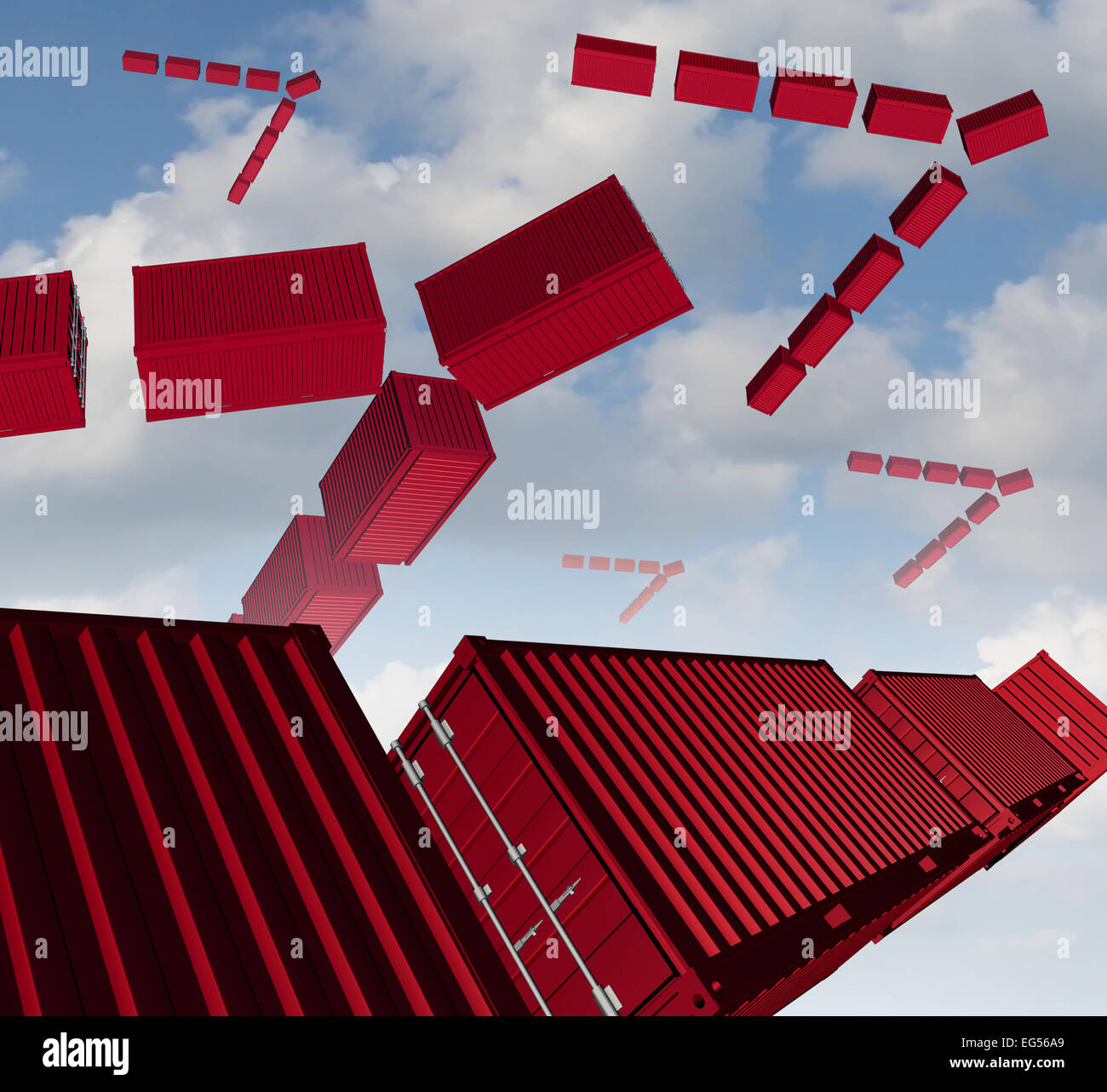 Cargo Air Versand-Konzept als eine Gruppe von roten Transportbehälter organisiert in Form eines Vogels Herde Migration zu exportieren Stockfoto