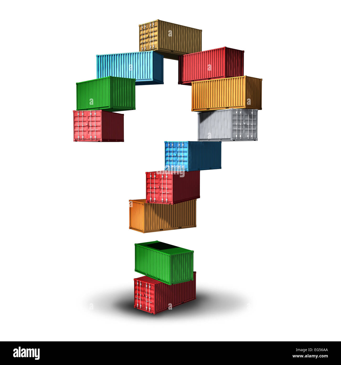 Fracht Frage Konzept und Versand Informationssymbol als eine Gruppe von Transport Container gestapelt in der Form eines Fragezeichens als Symbol für die Verteilung der Güter importieren und exportieren. Stockfoto