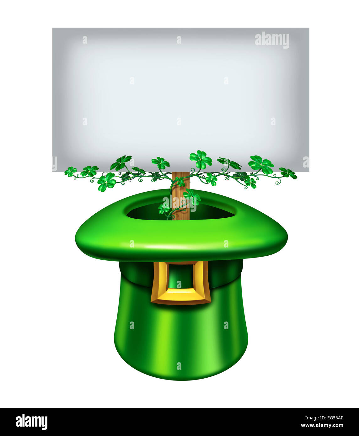 St. Patrick es Tag leeren Zeichen mit einem grünen Kobold Hut verziert in Kleeblatt und ein Banner im Inneren mit weißen textfreiraum als eine Stockfoto