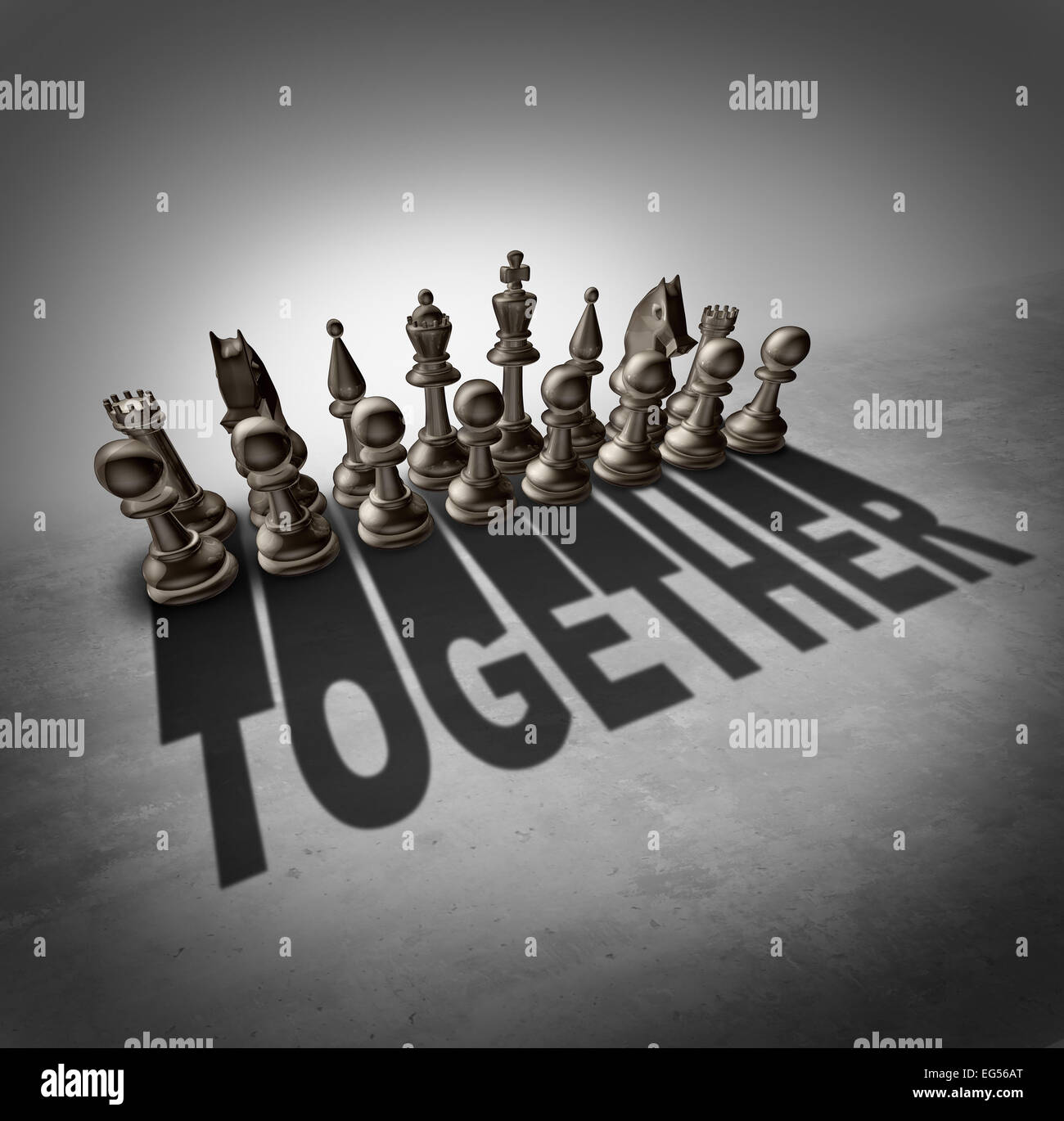 Zusammen Konzept und Team Mühe Symbol als eine Gruppe von Schachfiguren in einem Satz wirft einen Schatten mit dem Wort Partnerschaft Solidarität in einer Firma oder einer Vereinigung von Arbeitnehmern vertreten. Stockfoto