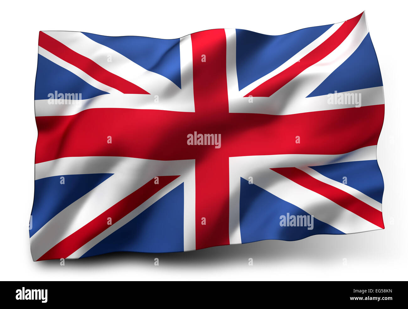 Wehende Flagge des Vereinigten Königreichs isoliert auf weißem Hintergrund Stockfoto