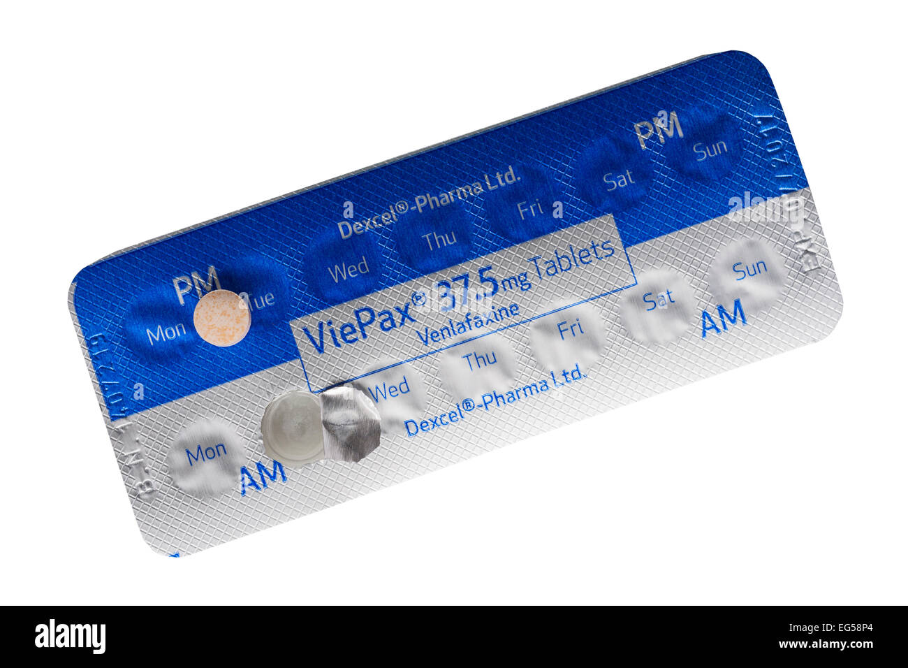 Eine Blisterpackung Viepax Venlafaxine 37,5 mg Tabletten auf weißem Hintergrund Stockfoto
