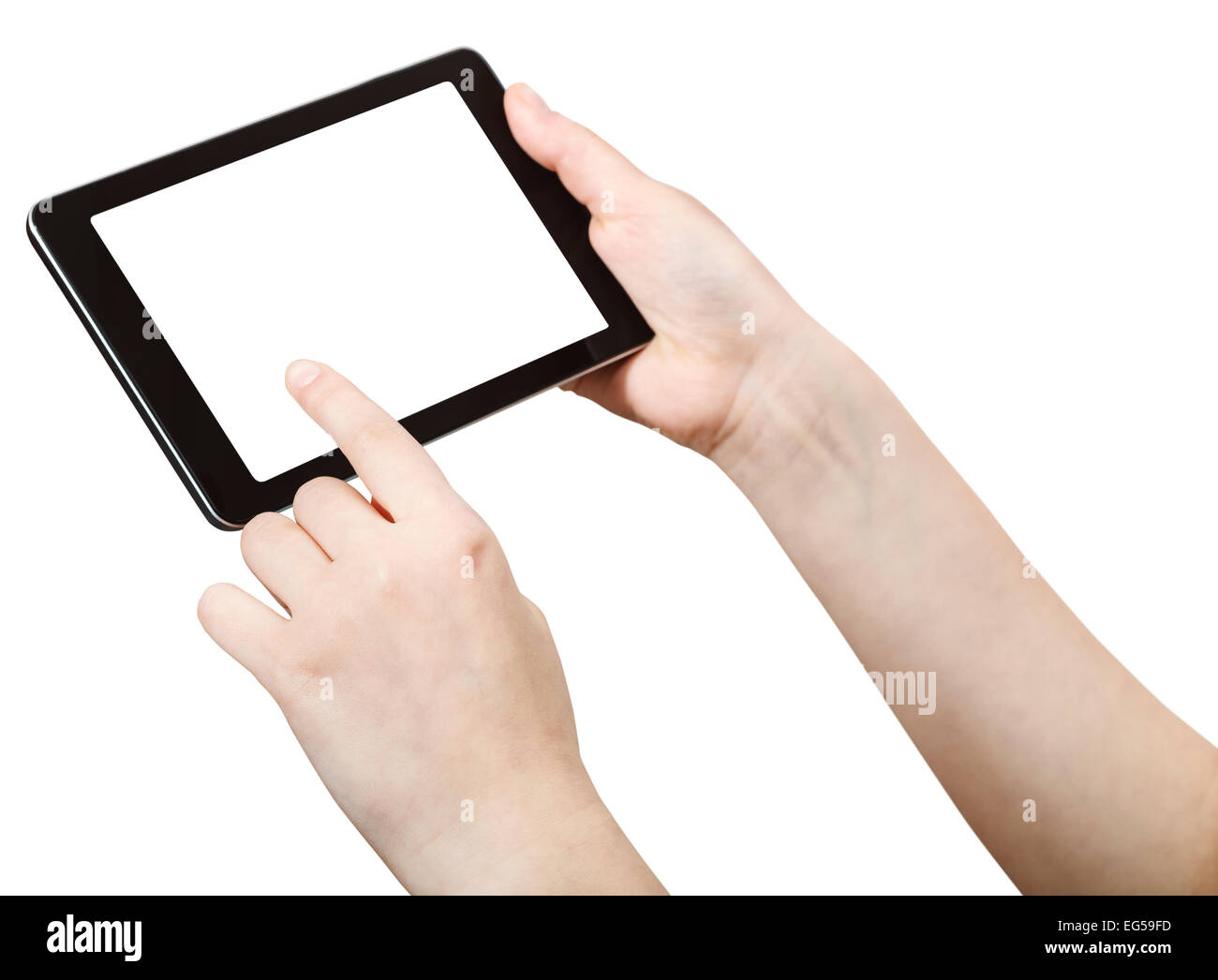 Finger-Presse-Tablet-pc mit ausgeschnittenen Bildschirm isoliert auf weißem Hintergrund Stockfoto