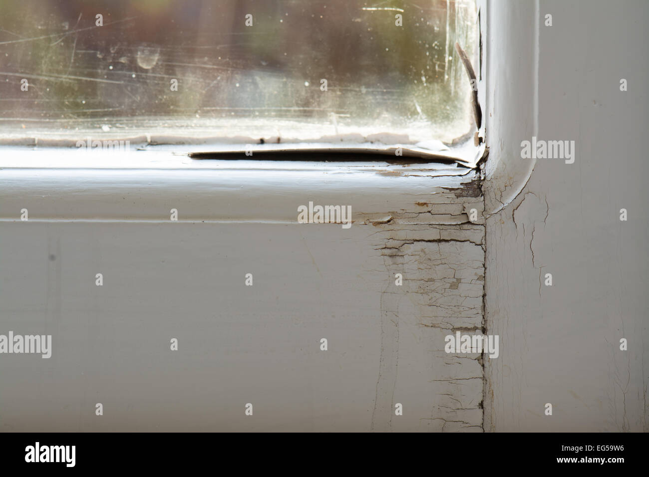 Schäden Sie an einzelnen verglaste hölzerne Fensterrahmen wegen Regen und Kondenswasser Stockfoto