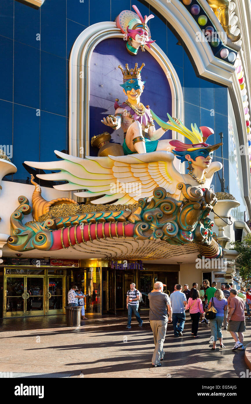 Las Vegas, skulpturale Fassade des Kasino Harrahs. Stockfoto