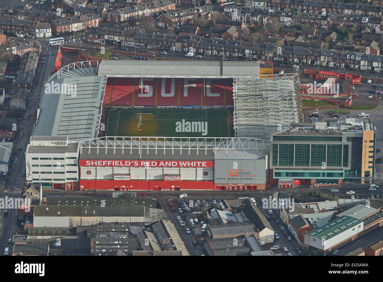Eine Luftaufnahme der Bramall Lane in South Yorkshire. Heimat des Sheffield United FC, auch bekannt als The Blades Stockfoto