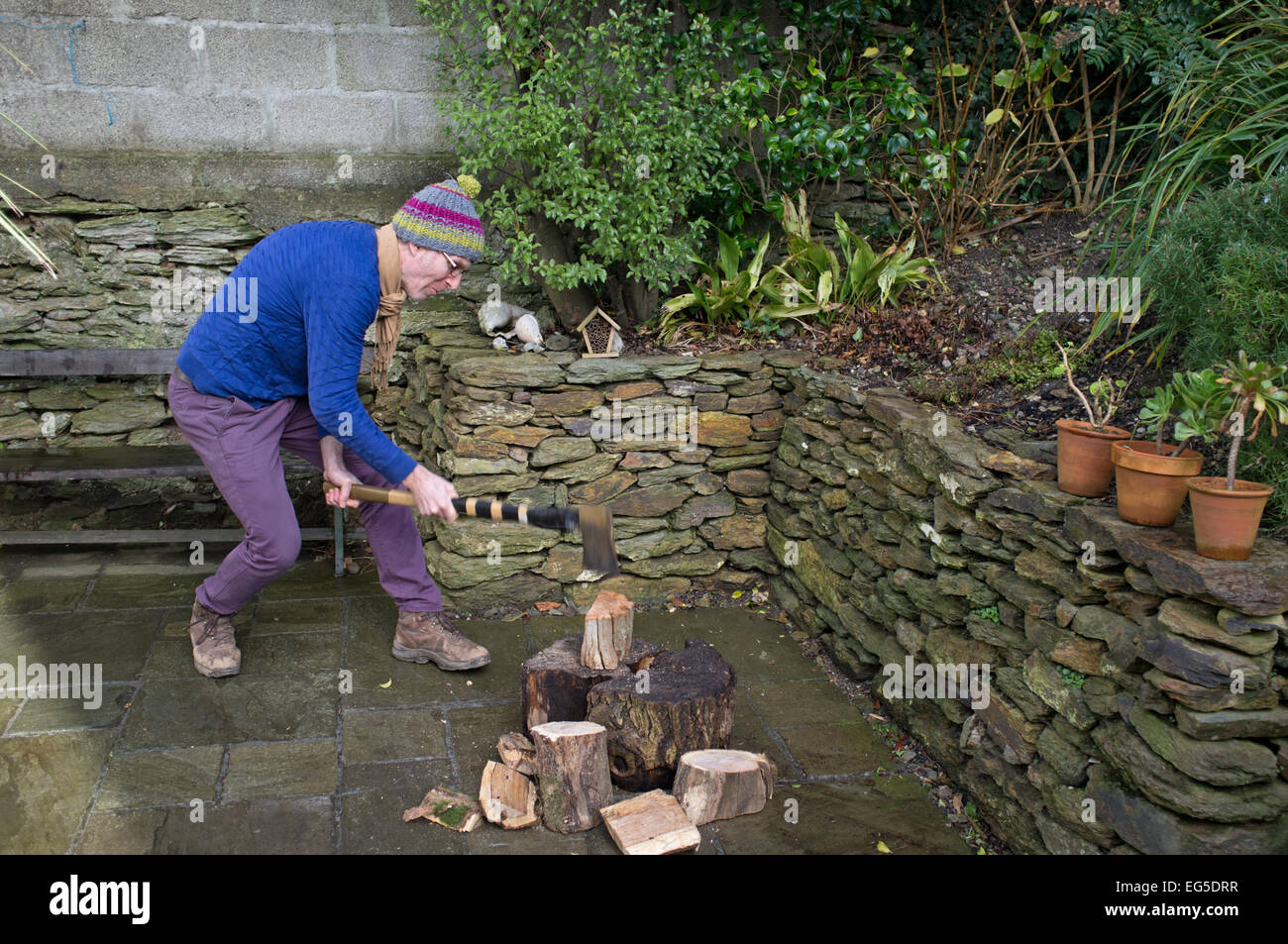 Ein Mann in seinem Garten Holz hacken Stockfoto Ein Mann in seinem Garten Holz hacken Stockfoto