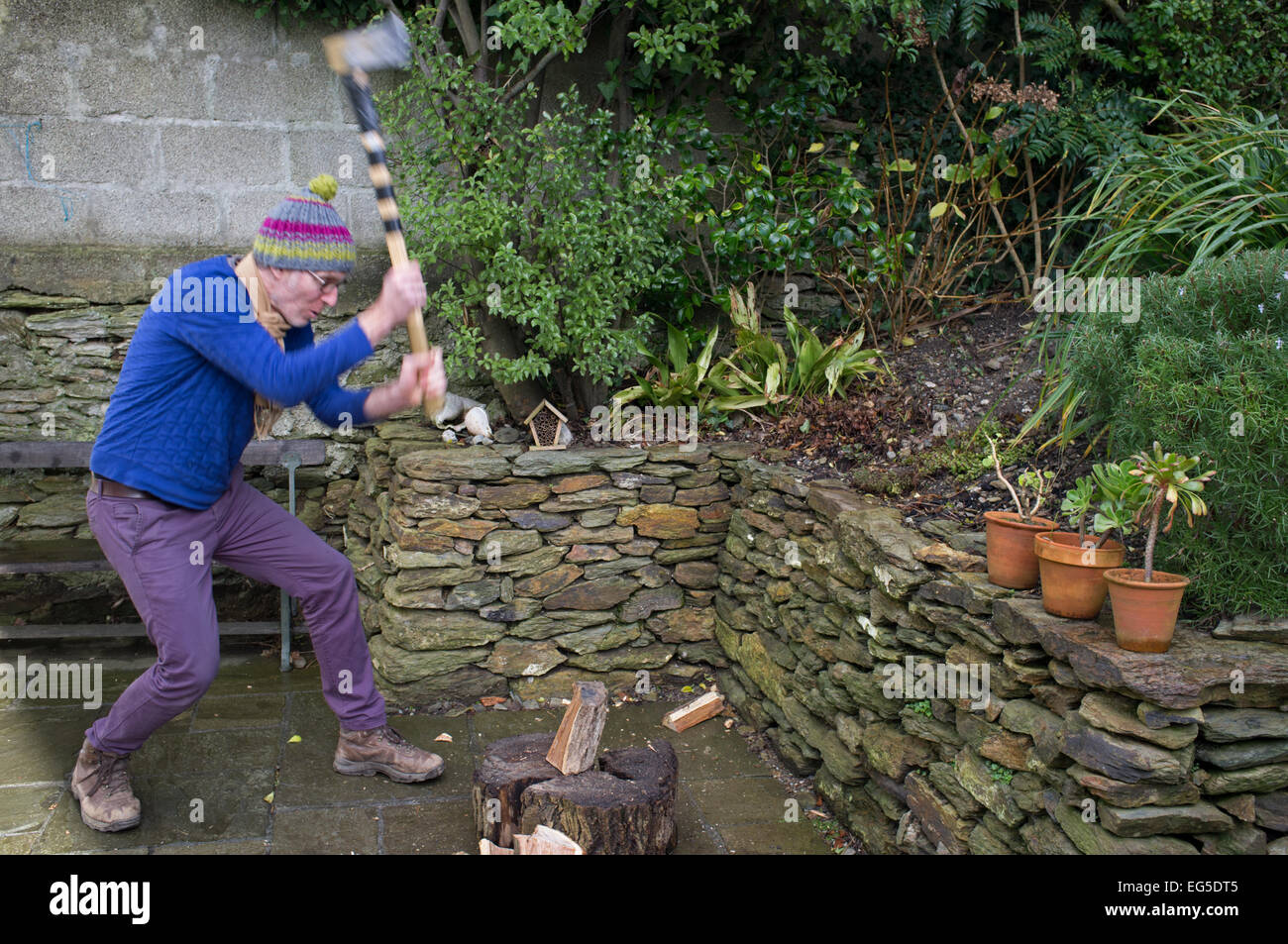 Ein Mann in seinem Garten Holz hacken Stockfoto