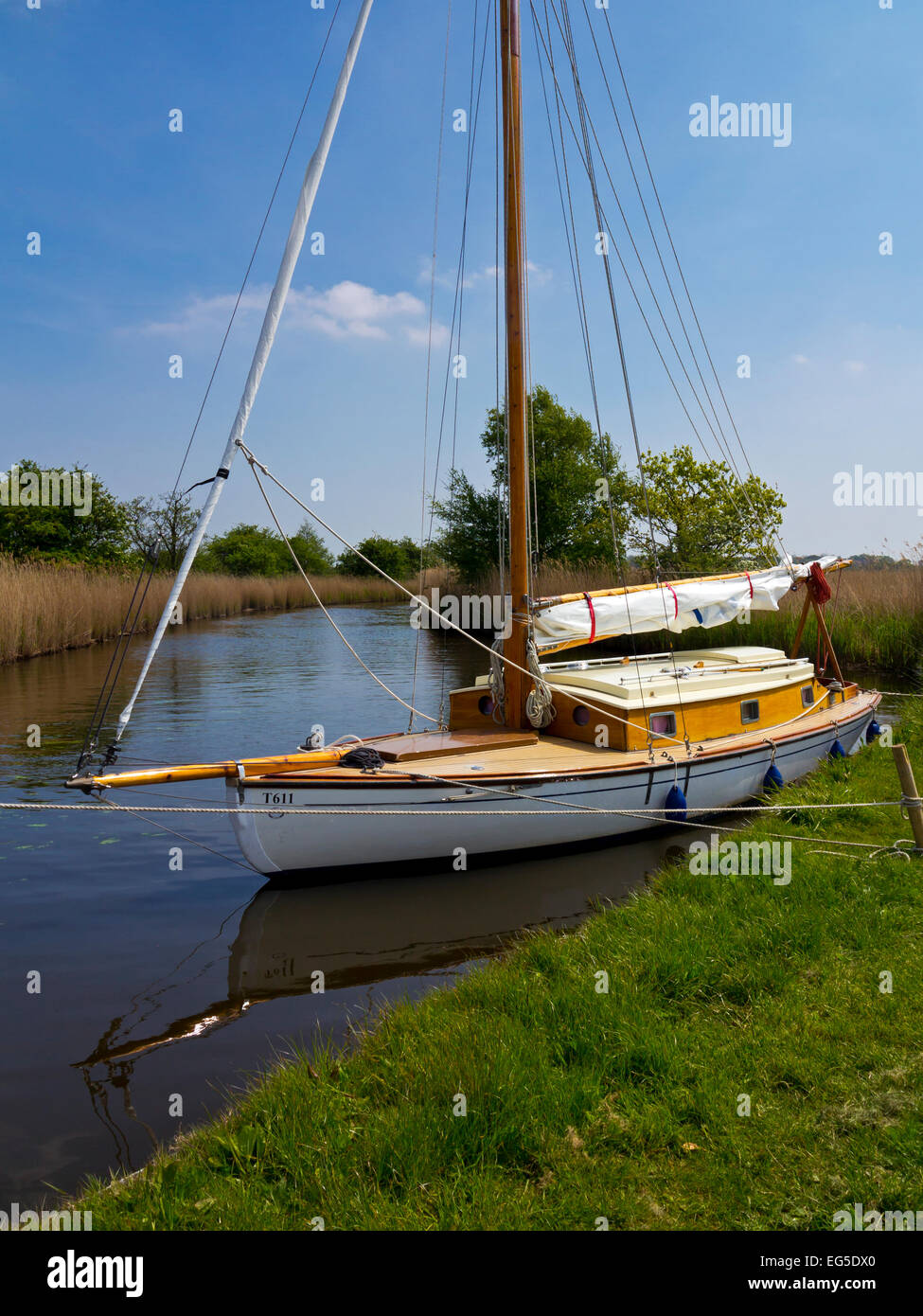 Boot vor Anker bei Martham breit in den Norfolk Broads England UK eine Fläche von Binnenwasserstraßen im Volksmund verwendet für Segelurlaub Stockfoto