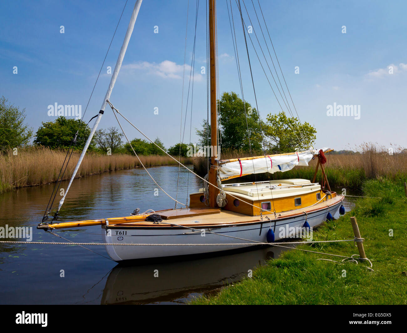 Boot vor Anker bei Martham breit in den Norfolk Broads England UK eine Fläche von Binnenwasserstraßen im Volksmund verwendet für Segelurlaub Stockfoto