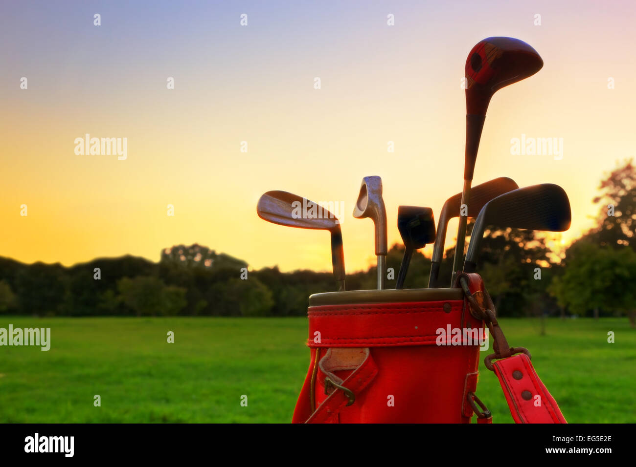 Golf-Equipment. Professionelle Golf-Clubs in einem Leder-Gepäck bei Sonnenuntergang Stockfoto