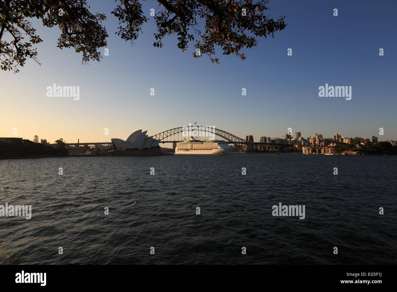 Ein Foto von einem großen Passagier Kreuzfahrtschiff vor dem Opernhaus und der Harbour Bridge in Sydney, Australien. Stockfoto