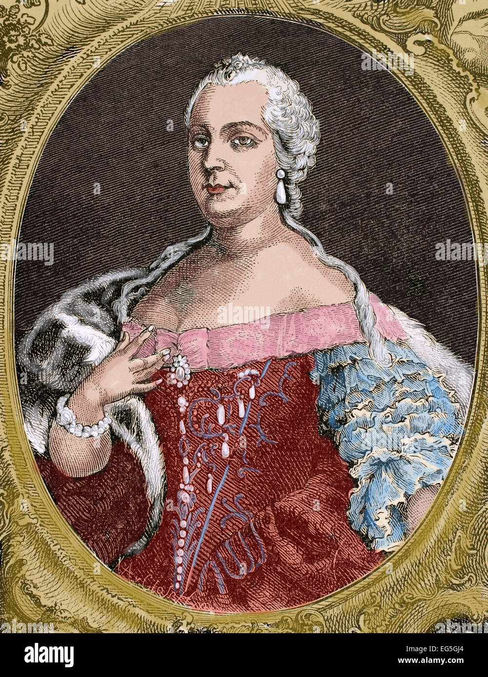 Maria Theresia (1717-1780), Erzherzogin von Deutschland, Königin von Ungarn und Böhmen. Porträt. Kupferstich von de Petit, 1743. Kupferstich von Germania, 1882. Farbige. Stockfoto