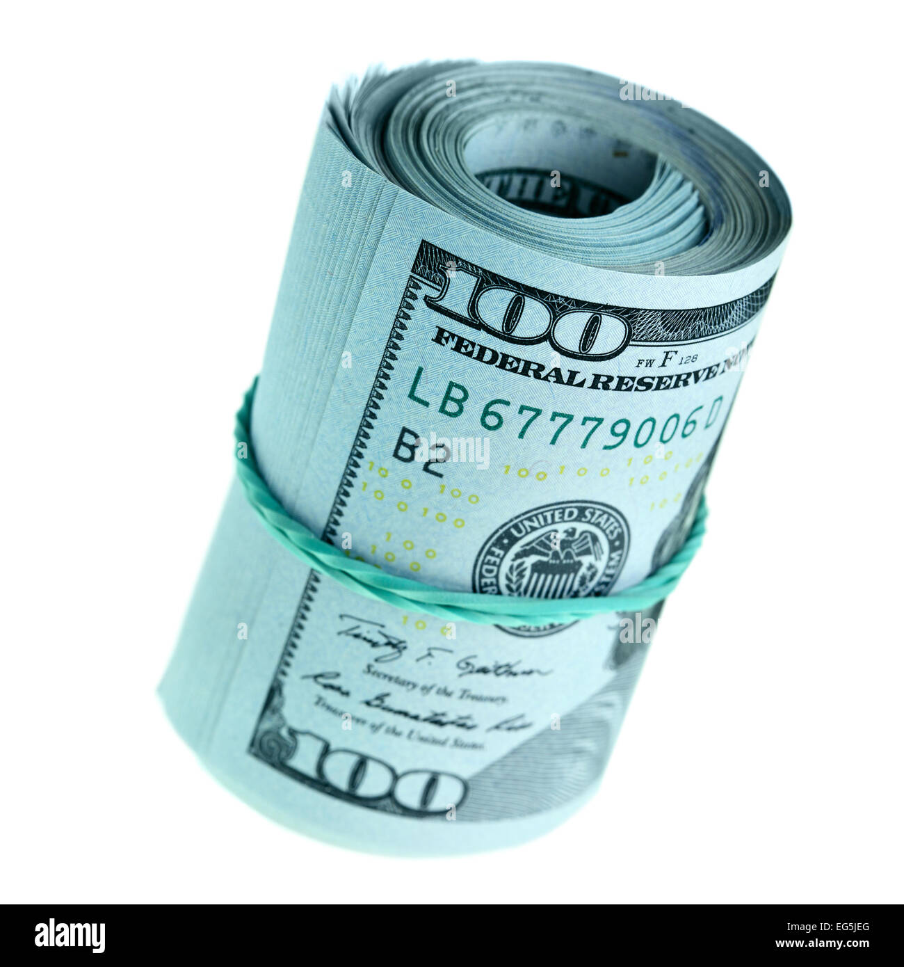 Rolle der neuen hundert-Dollar-Scheine isoliert Stockfoto