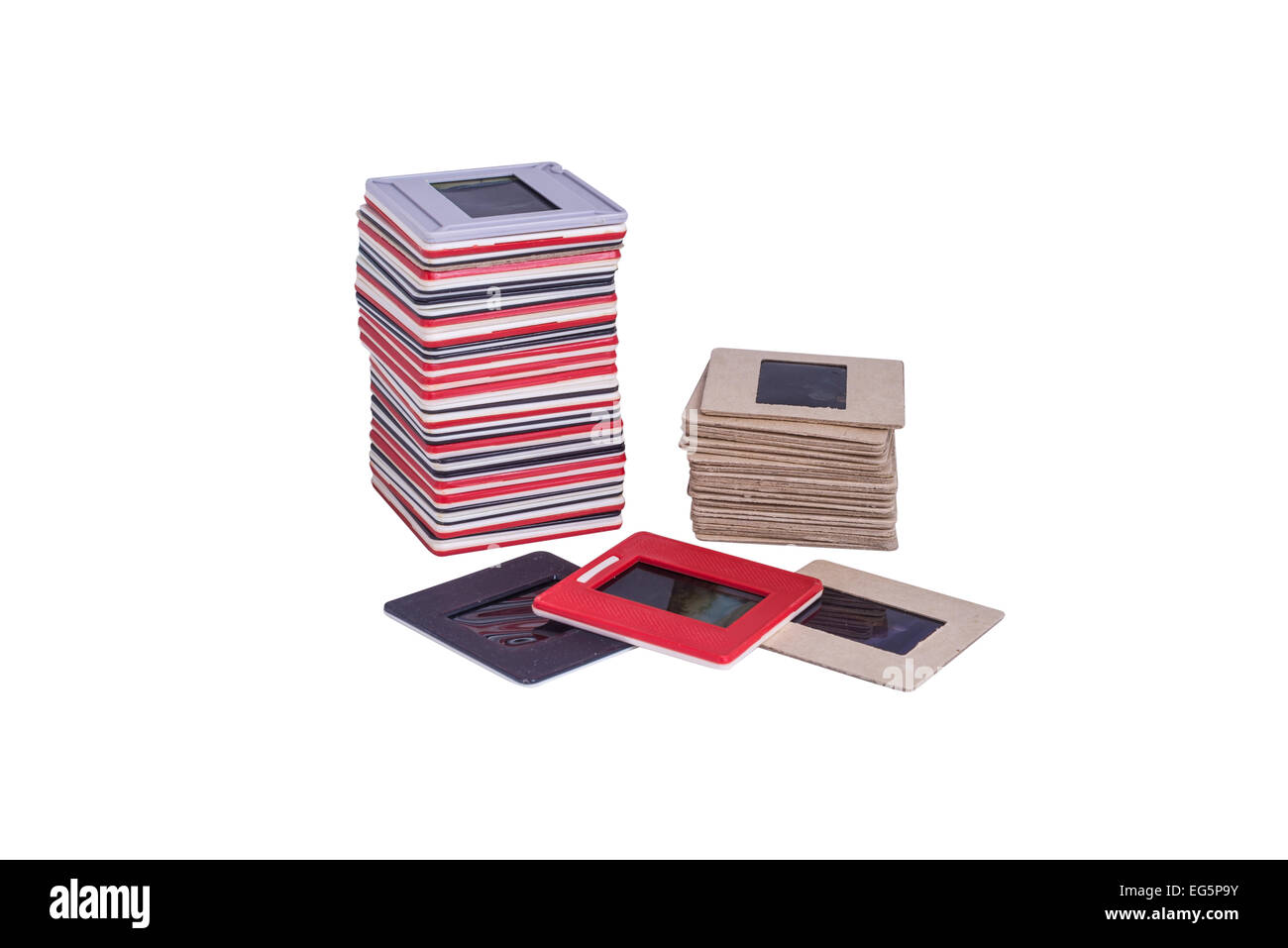 35 mm montiert Dias in der Kunststoff und Pappe verschiedene farbige Rahmen isoliert auf weißem Hintergrund Stockfoto