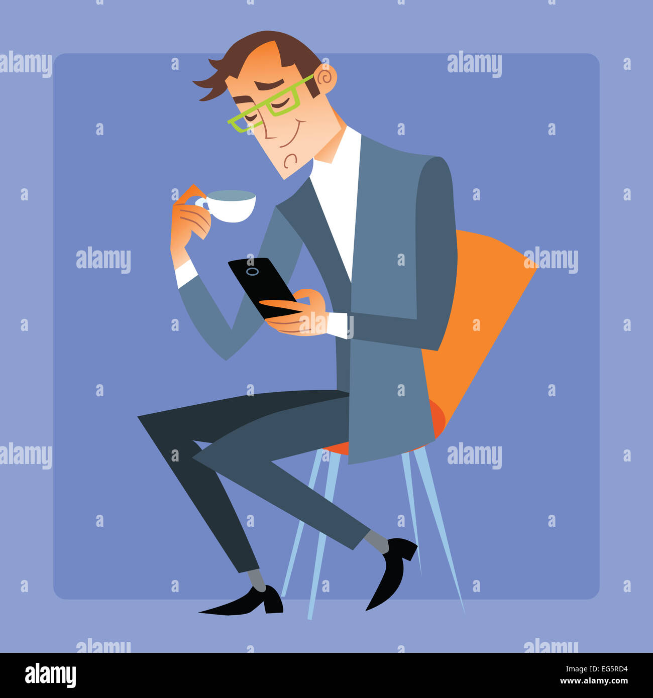 Geschäftsmann am Seagull Tee oder Kaffee liest die Nachricht auf Ihrem p Stockfoto