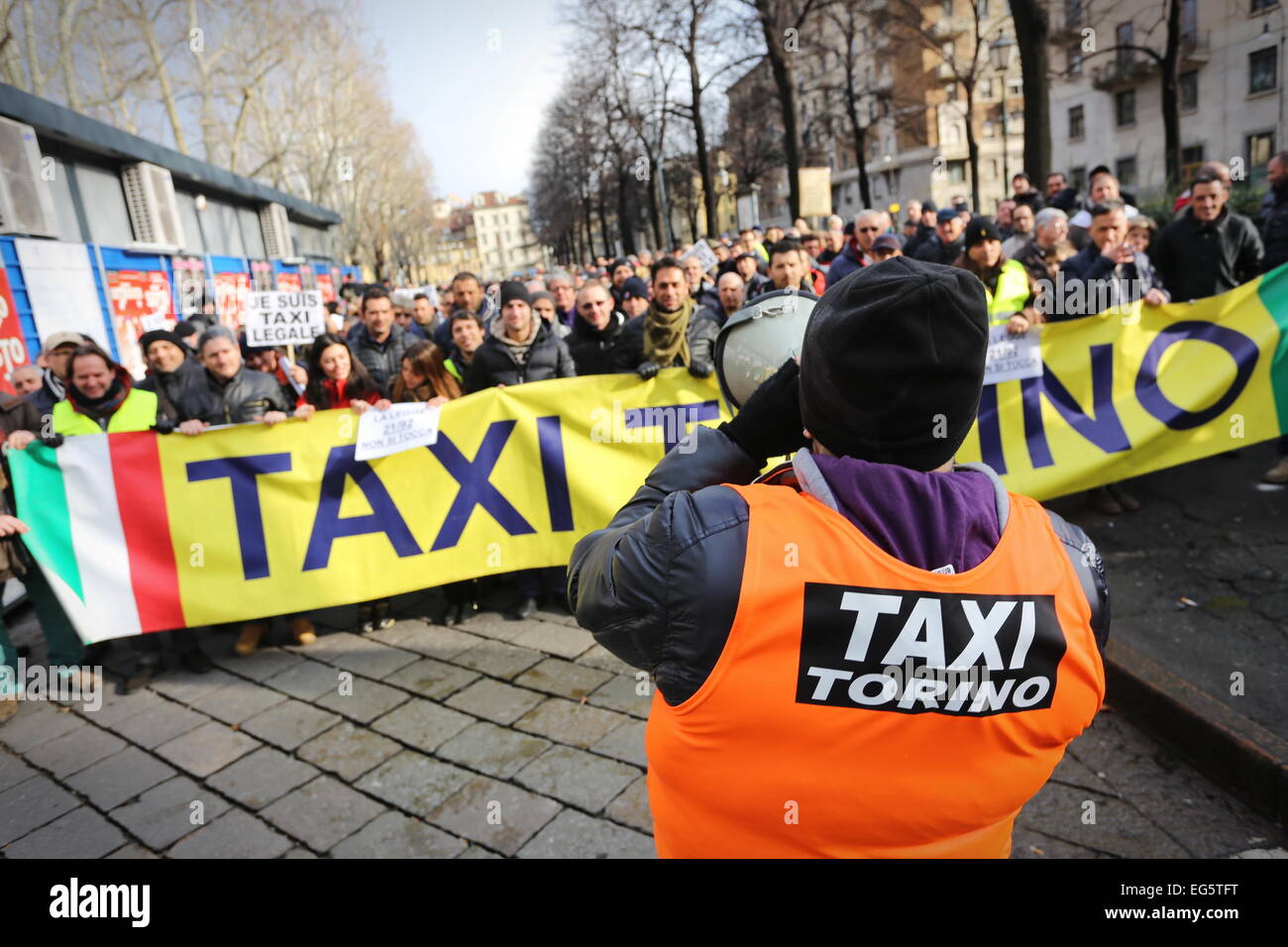 Italienische Taxi Fahrer Protest gegen Uber app in Turin (Italien) Stockfoto