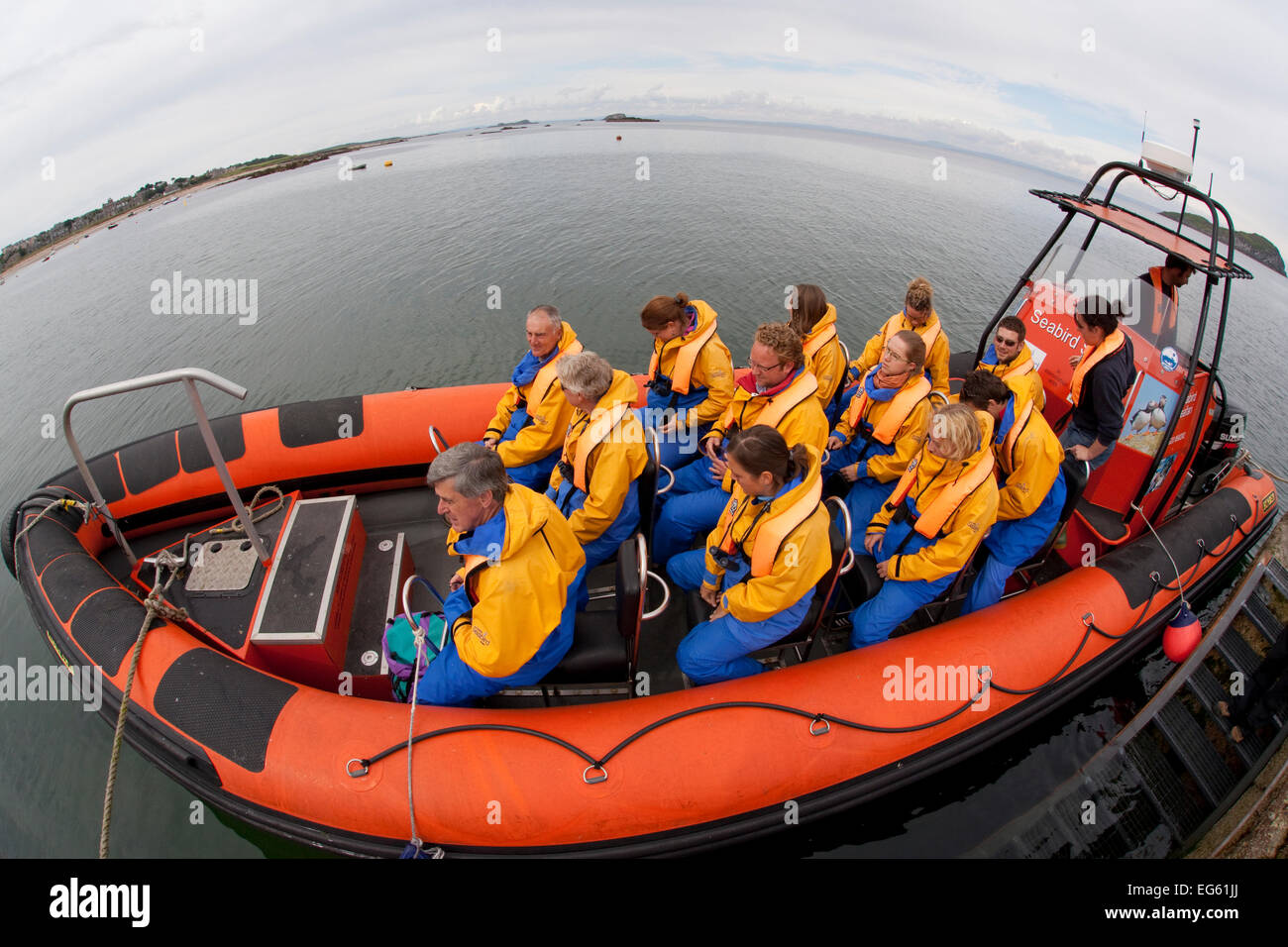 Gruppe von Touristen tragen wasserdichte Kleidung und Schwimmwesten im Schlauchboot für Seevogel-Safari-Tour rund um Bass Rock, Norden Stockfoto