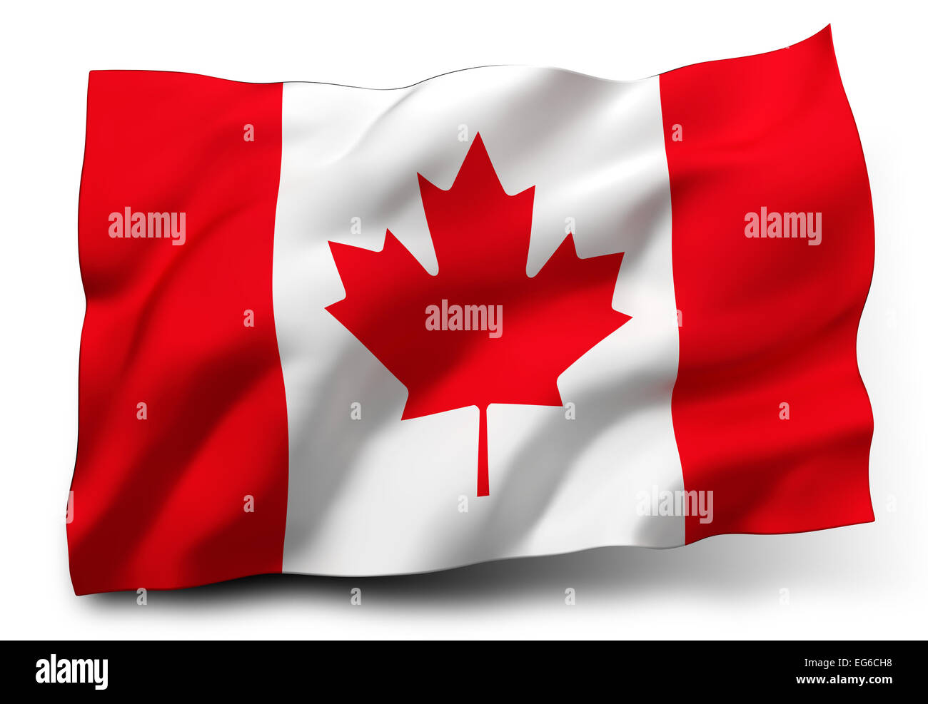 Wehende Flagge von Kanada isoliert auf weißem Hintergrund Stockfoto