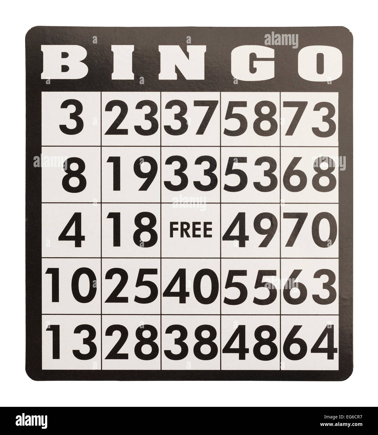 Bingo-Karte ohne Spielsteine, Isolated on White Background. Stockfoto