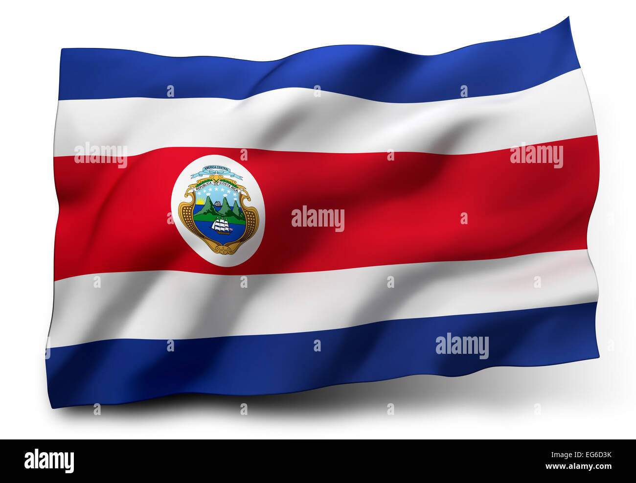 Wehende Flagge von Costa Rica isoliert auf weißem Hintergrund Stockfoto