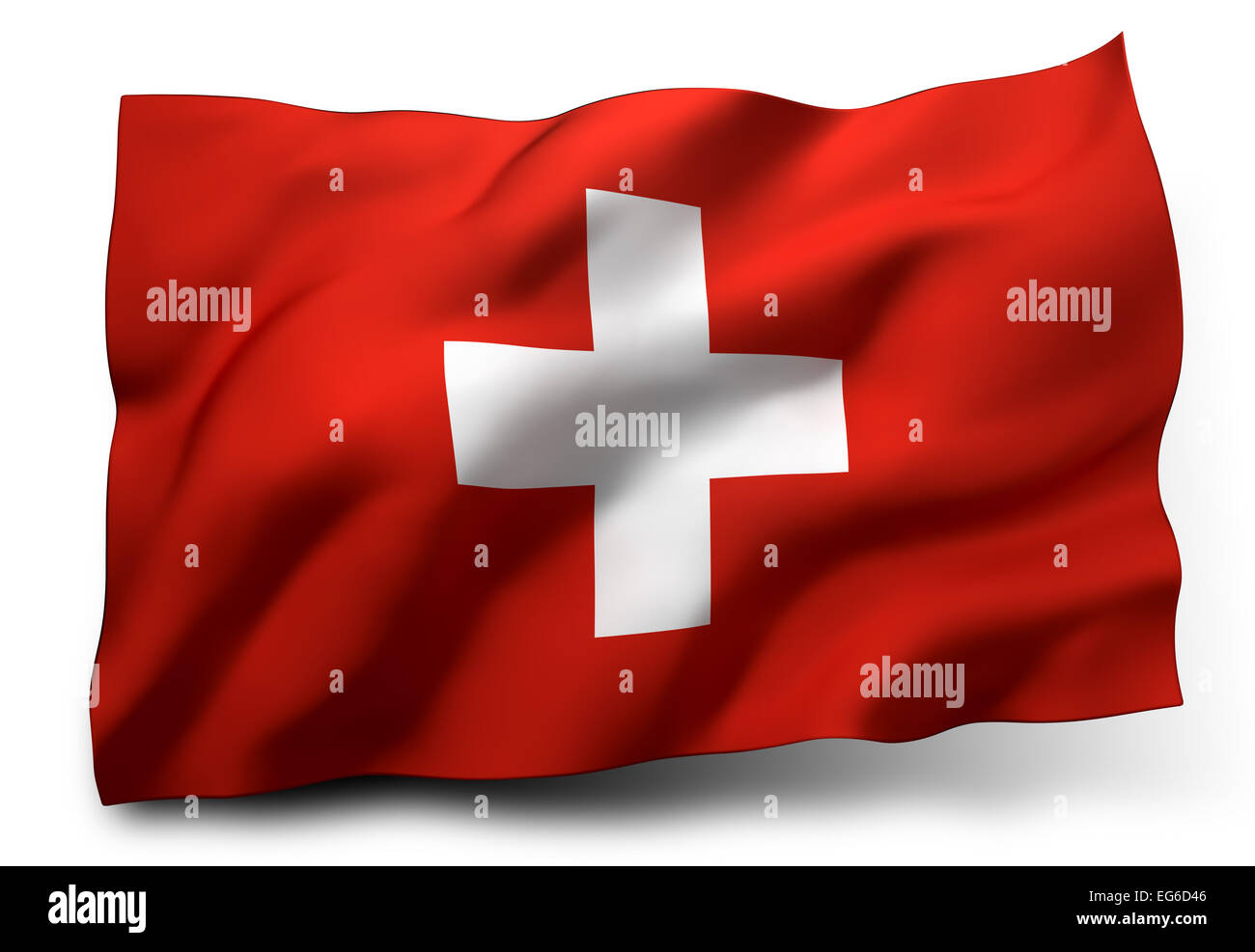 Wehende Flagge der Schweiz isoliert auf weißem Hintergrund Stockfoto