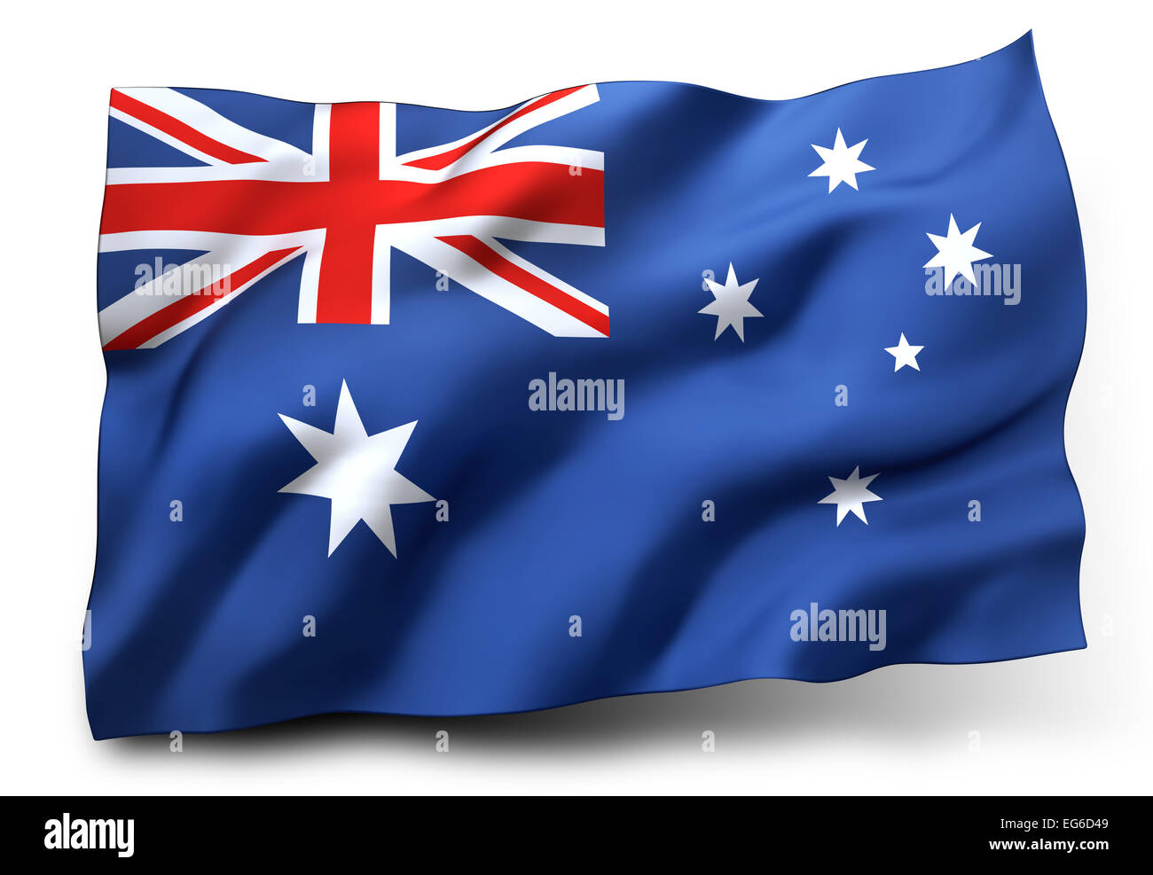 Wehende Flagge von Australien isoliert auf weißem Hintergrund Stockfoto