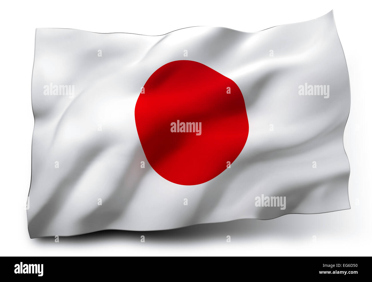 Wehende Flagge von Japan isoliert auf weißem Hintergrund Stockfoto