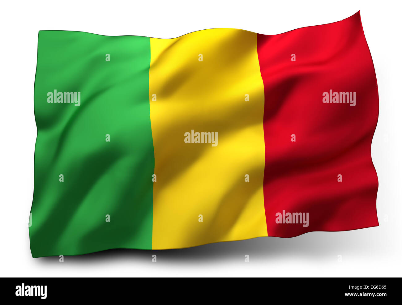 Wehende Flagge von Mali isoliert auf weißem Hintergrund Stockfoto