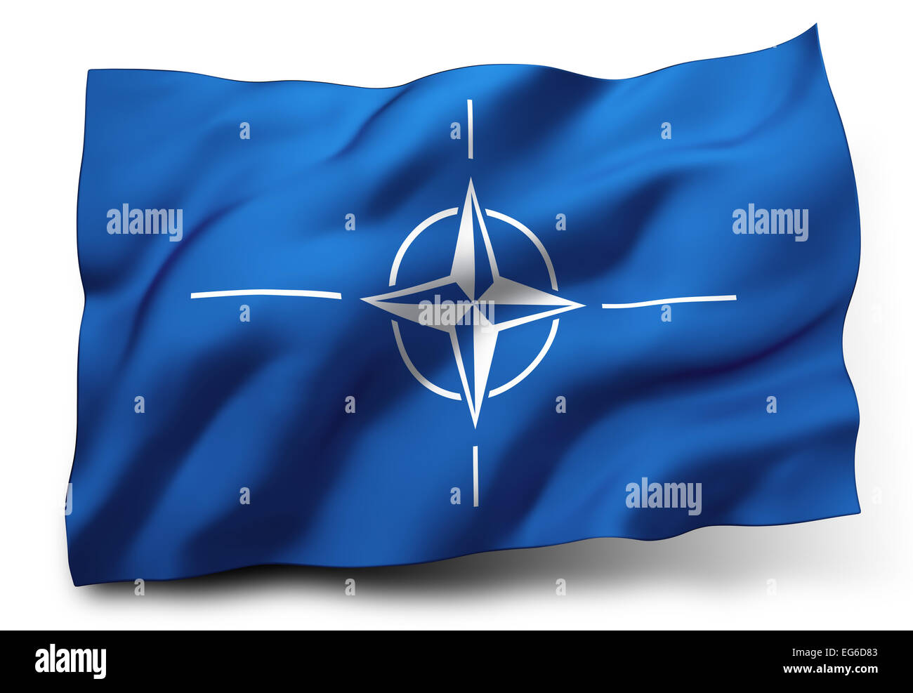 Wehende Flagge von NATO isoliert auf weißem Hintergrund Stockfoto