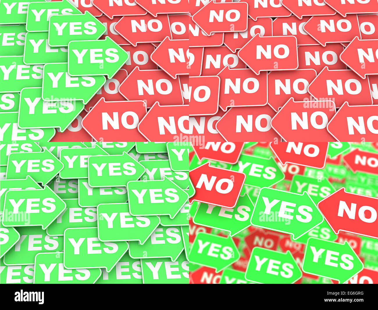 Konzept der Wahl - Satz von Green und Red Arrows mit einem Worte ja und Nein in verschiedenen Kombinationen. Stockfoto