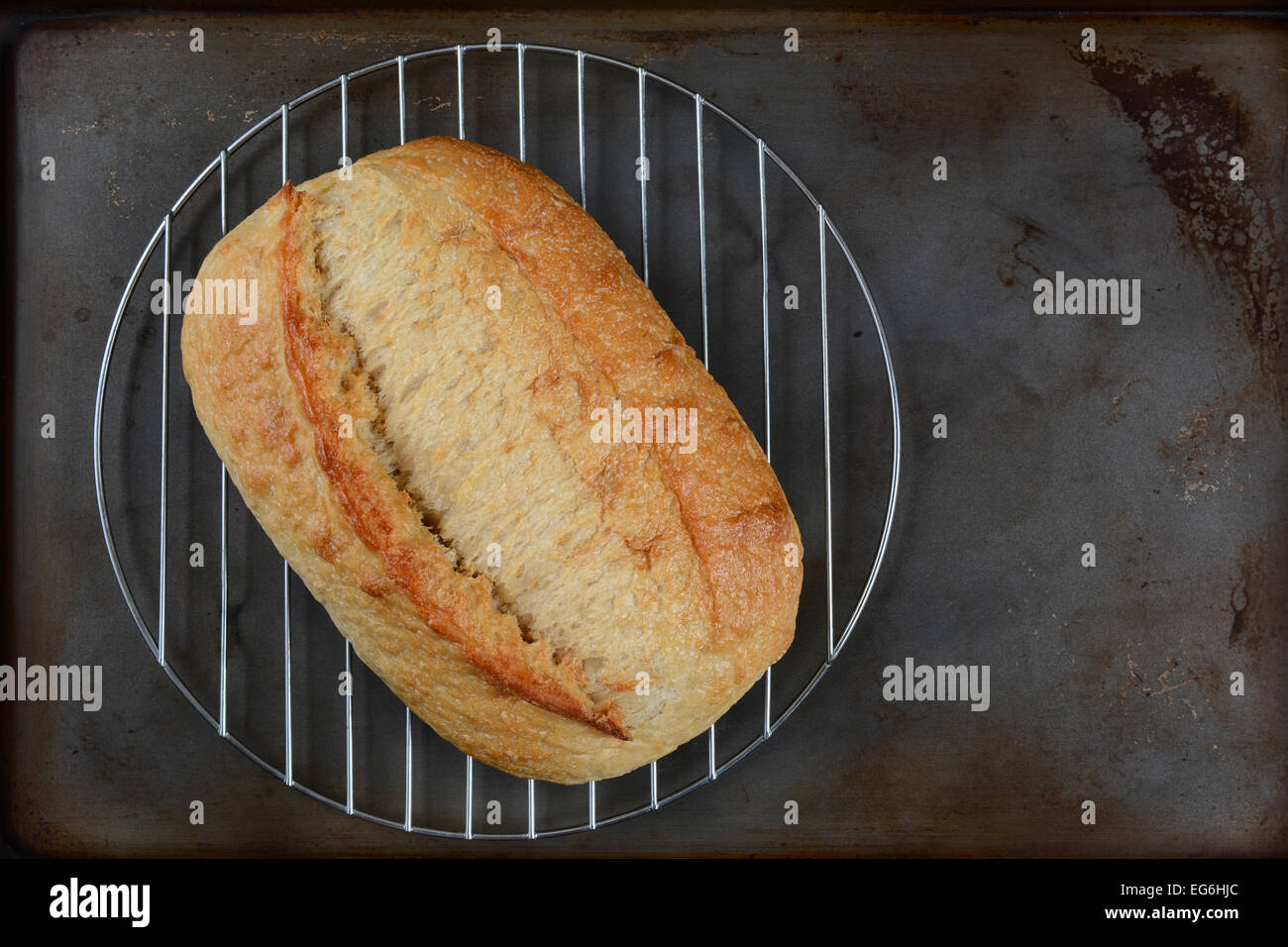 Hohen Winkel Schuss einen frisch gebackenen Laib Brot auf ein Kuchengitter. Querformat auf ein Backblech gut genutzt. Stockfoto