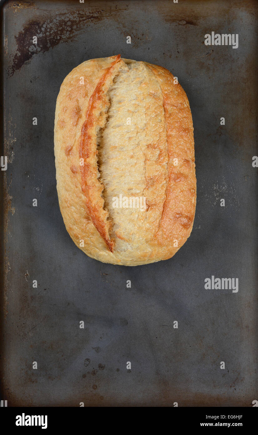 Hohen Winkel Schuss einen frisch gebackenen Laib Brot auf ein Backblech legen. Hochformat mit Textfreiraum. Stockfoto