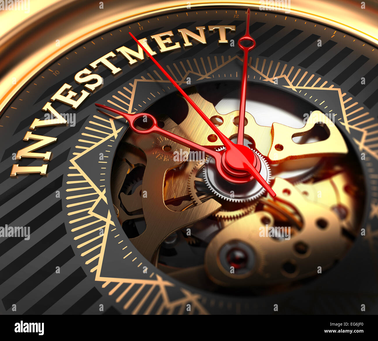 Investitionen auf schwarz-goldenen Zifferblatt mit Uhrwerk. Full-Frame-Nahaufnahme. Stockfoto