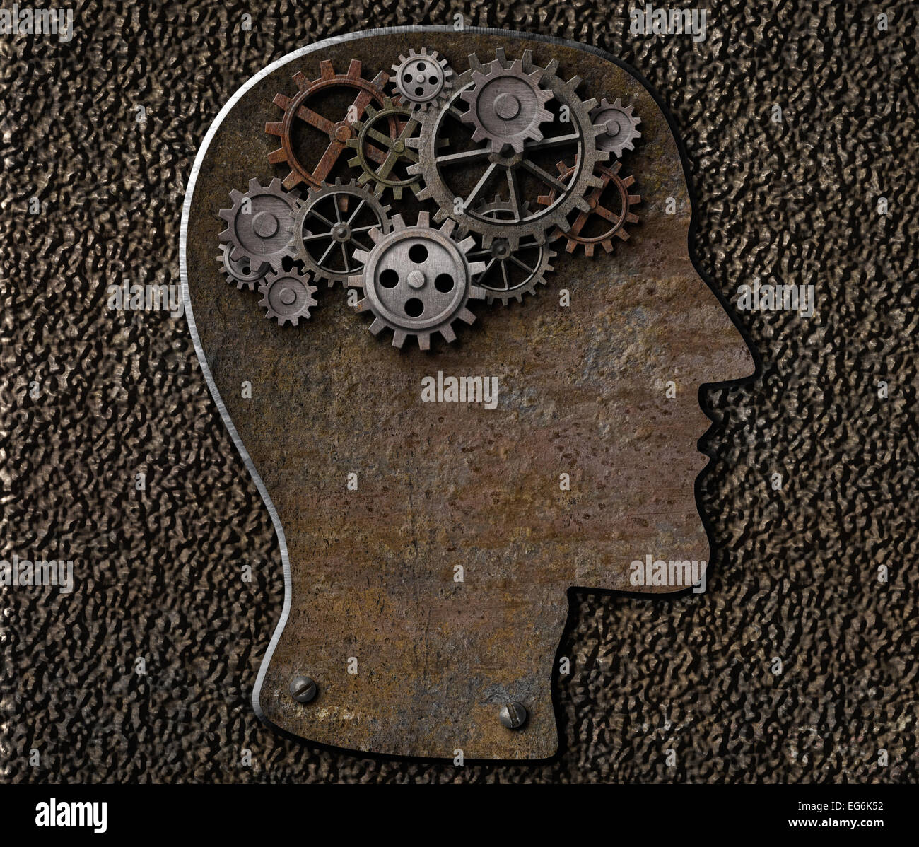 Metall Gehirn Getriebe und Zahnräder. Psychische Krankheit, Psychologie, Erfindung und Idee Konzept. Stockfoto