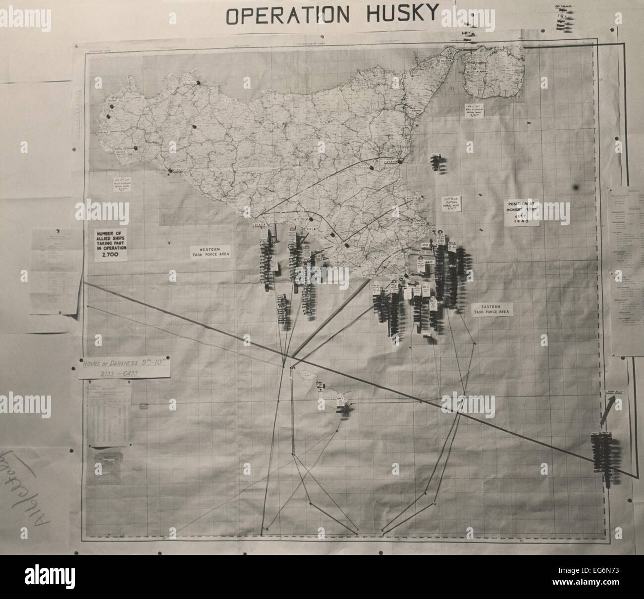 Operation Husky Schlachtplan für die Invasion von Sizilien in das Weiße Haus Karte Zimmer. August 1943, 2. Weltkrieg. Stockfoto