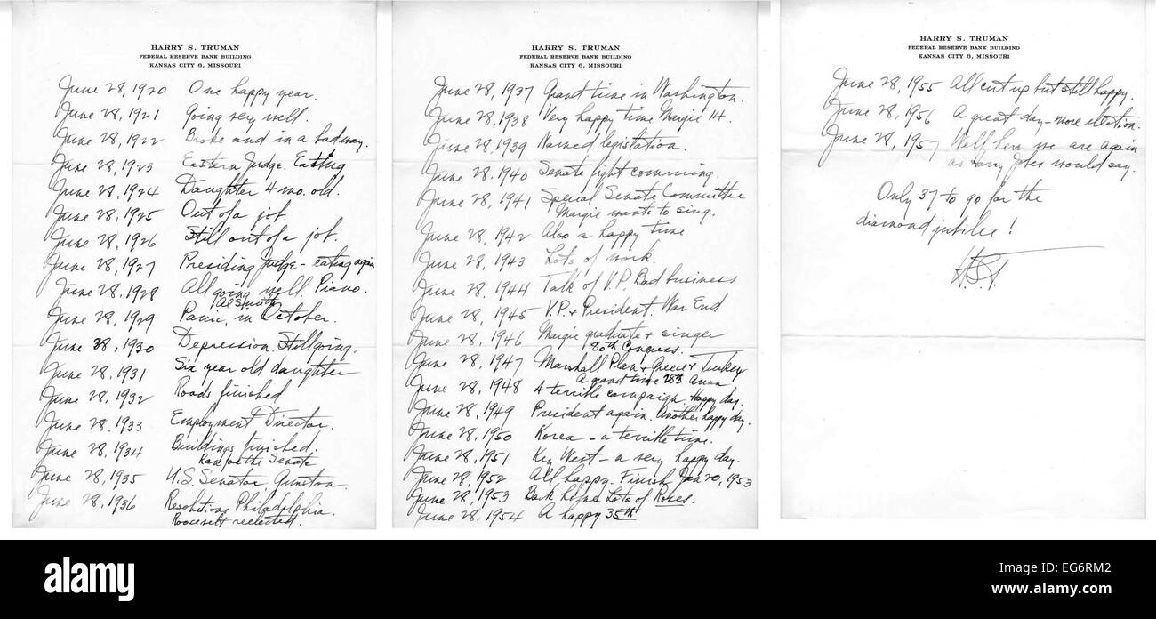 Brief ehemaliger Präsident Harry Truman geschickt, um seine Frau, Bess, auf ihren 38. Hochzeitstag. 28. Juni 1957. Es Chroniken Stockfoto