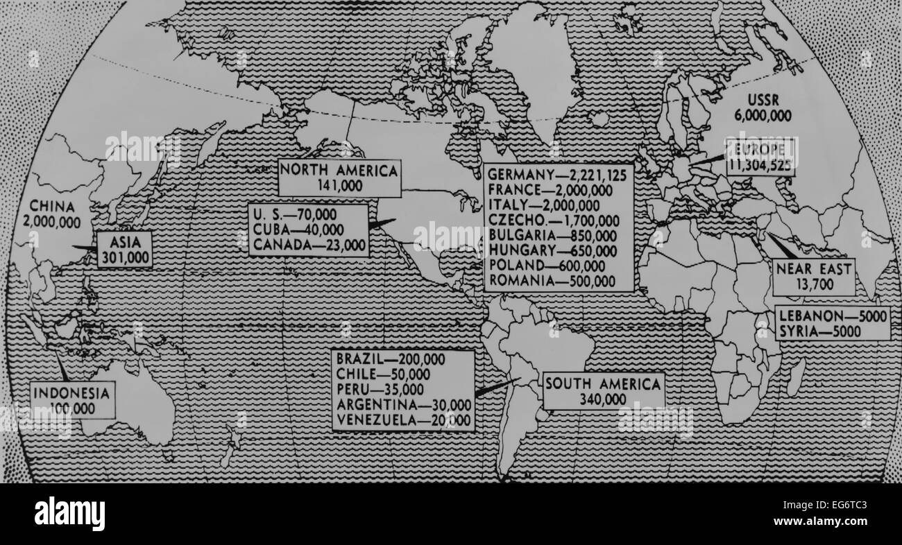 1947 Weltkarte Bevölkerung der Mitglieder der kommunistischen Partei von Kontinent und ausgewählten Ländern. (BSLOC 2014 13 54) Stockfoto