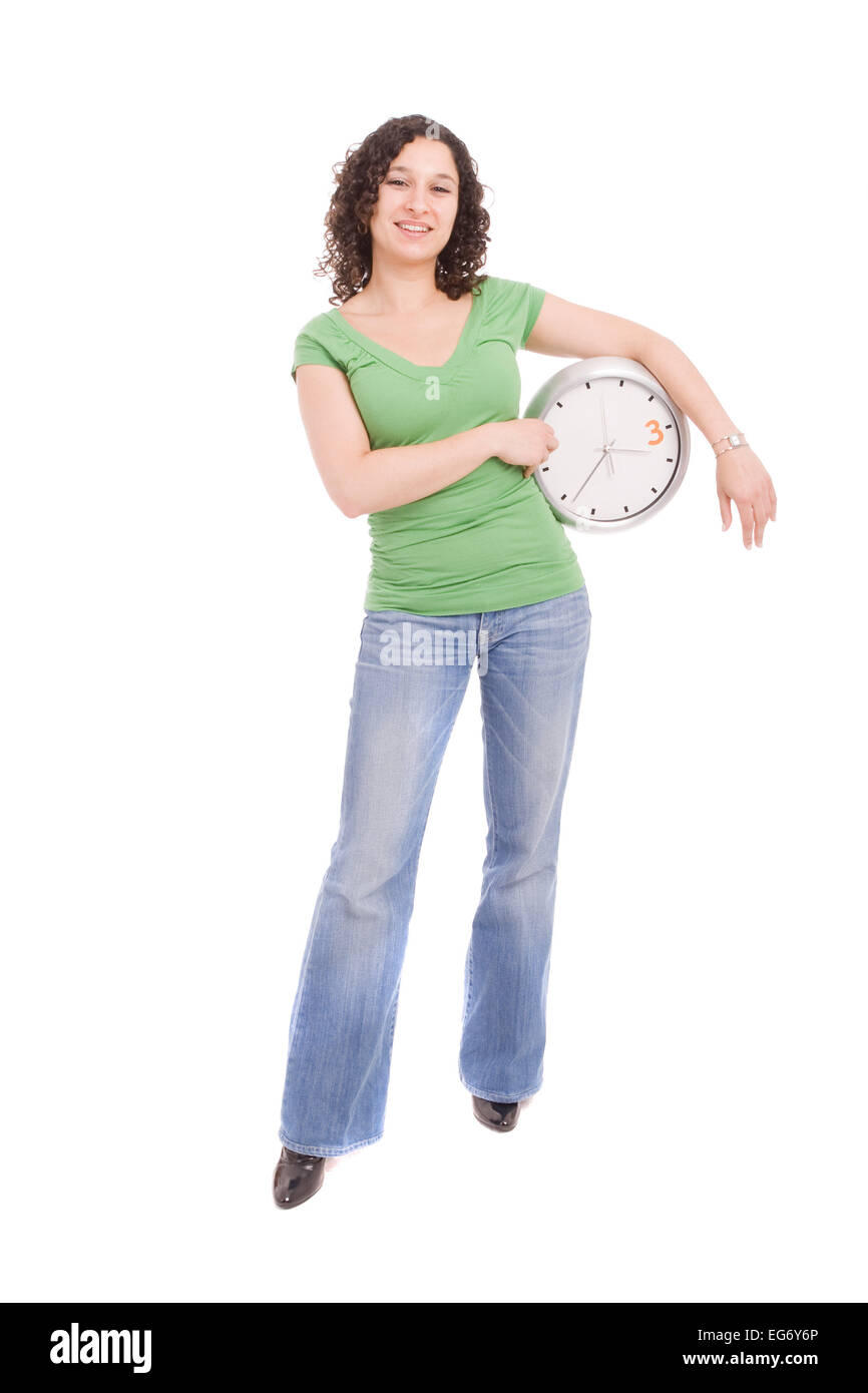 Frau mit einer Uhr, isoliert auf weiß Stockfoto