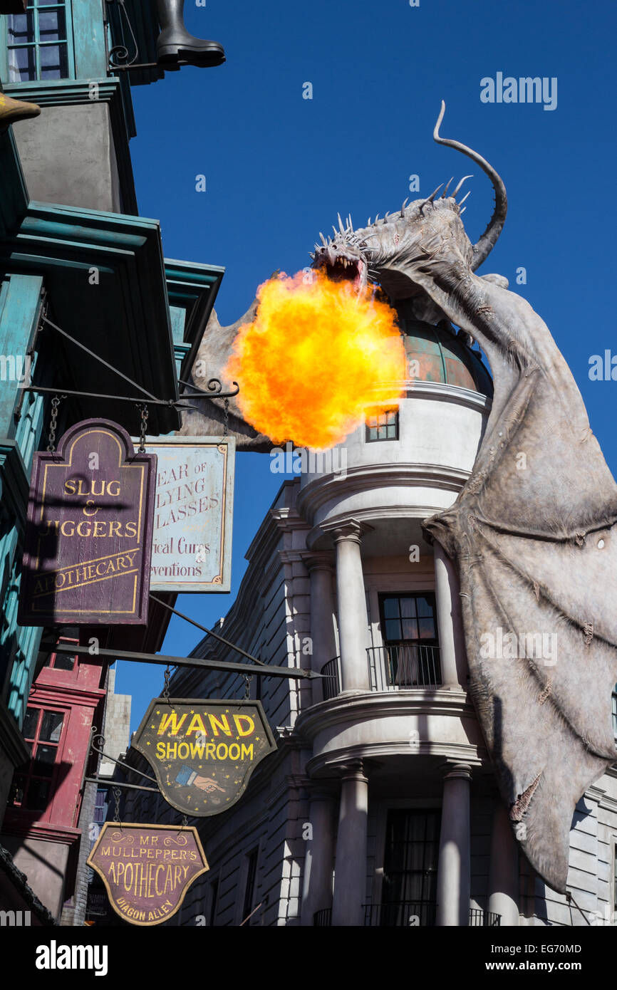 Blick auf die Wizarding World of Harry Potter Attraktion in den Universal Studios in Florida. Stockfoto