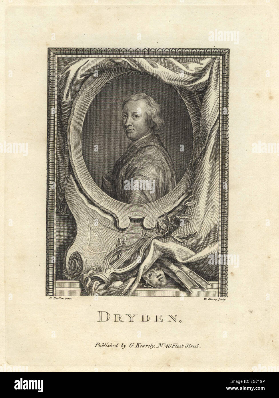 Porträt von John Dryden, englischer Restaurierung Dichter, 1631-1700, in Oval mit Maske, Lyra, Büchern und Vorhang dekoriert. Stockfoto